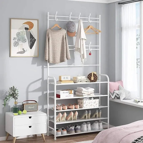 Multi-Functional Shoe & Hat Rack – 4-Tier Metal Shelf with Hooks